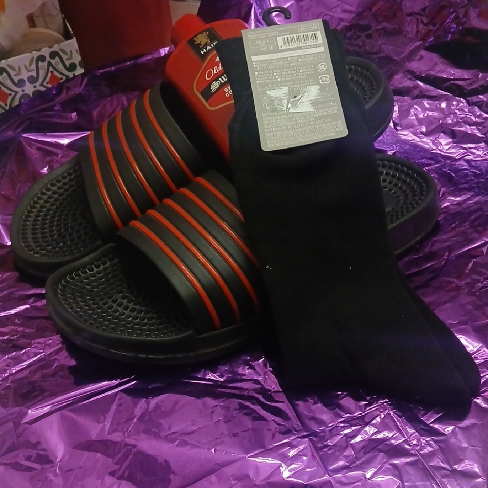 Adidas Black and Red Slide Sandals with Socks